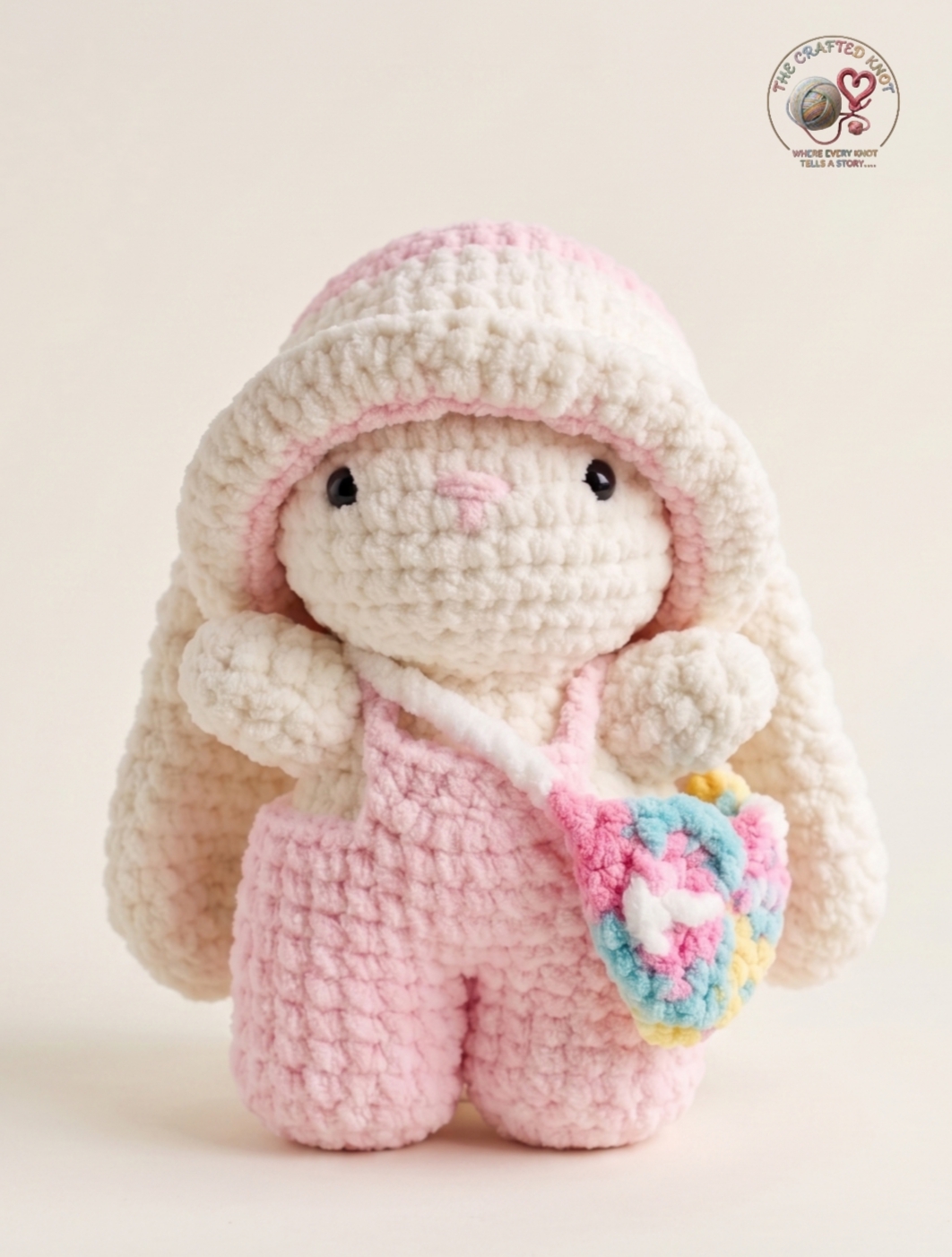 Handmade Crochet Bunny Doll in Pink Overalls