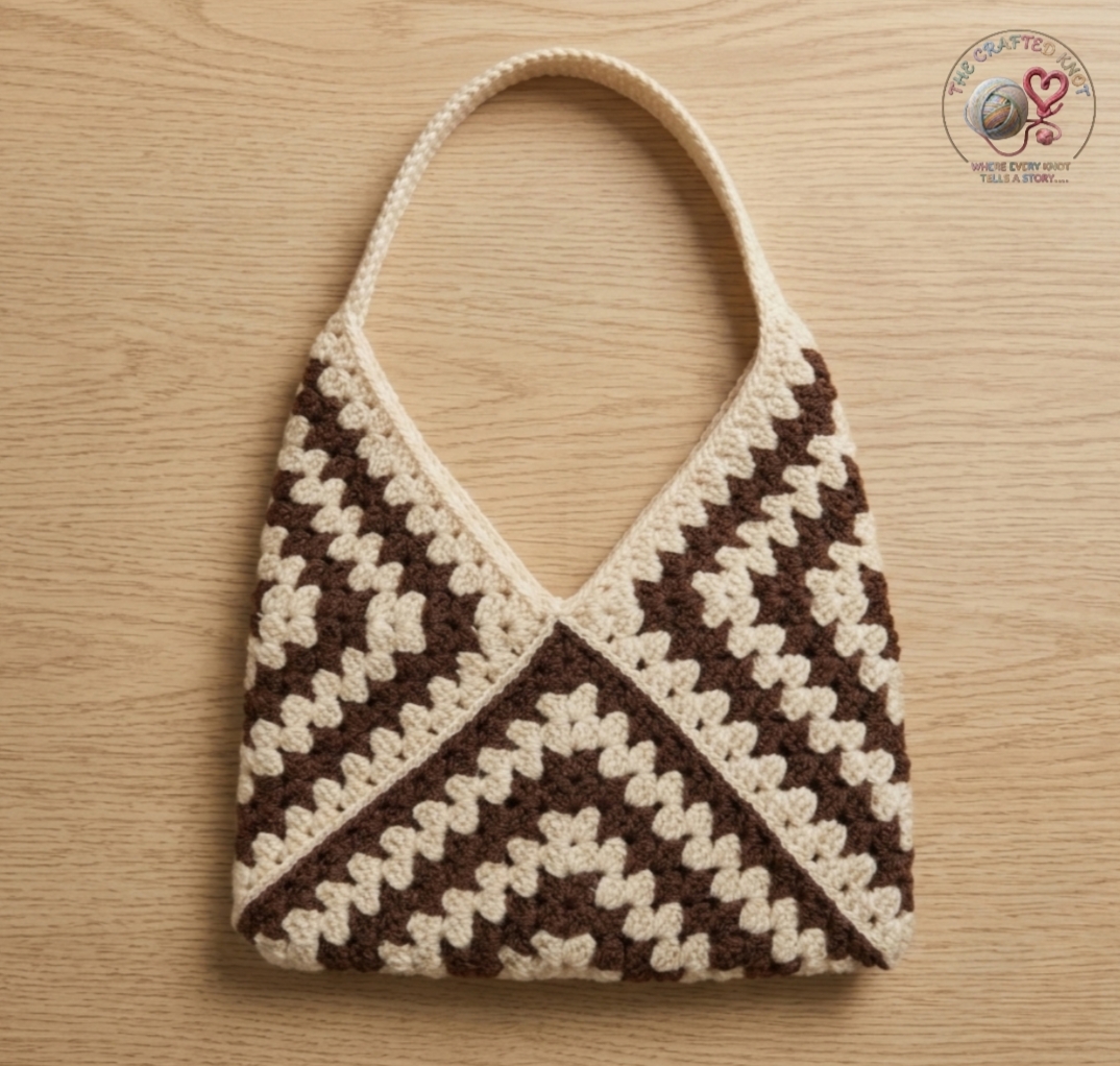 Handmade Crochet Brown & Cream Granny Stitch Shoulder Bag